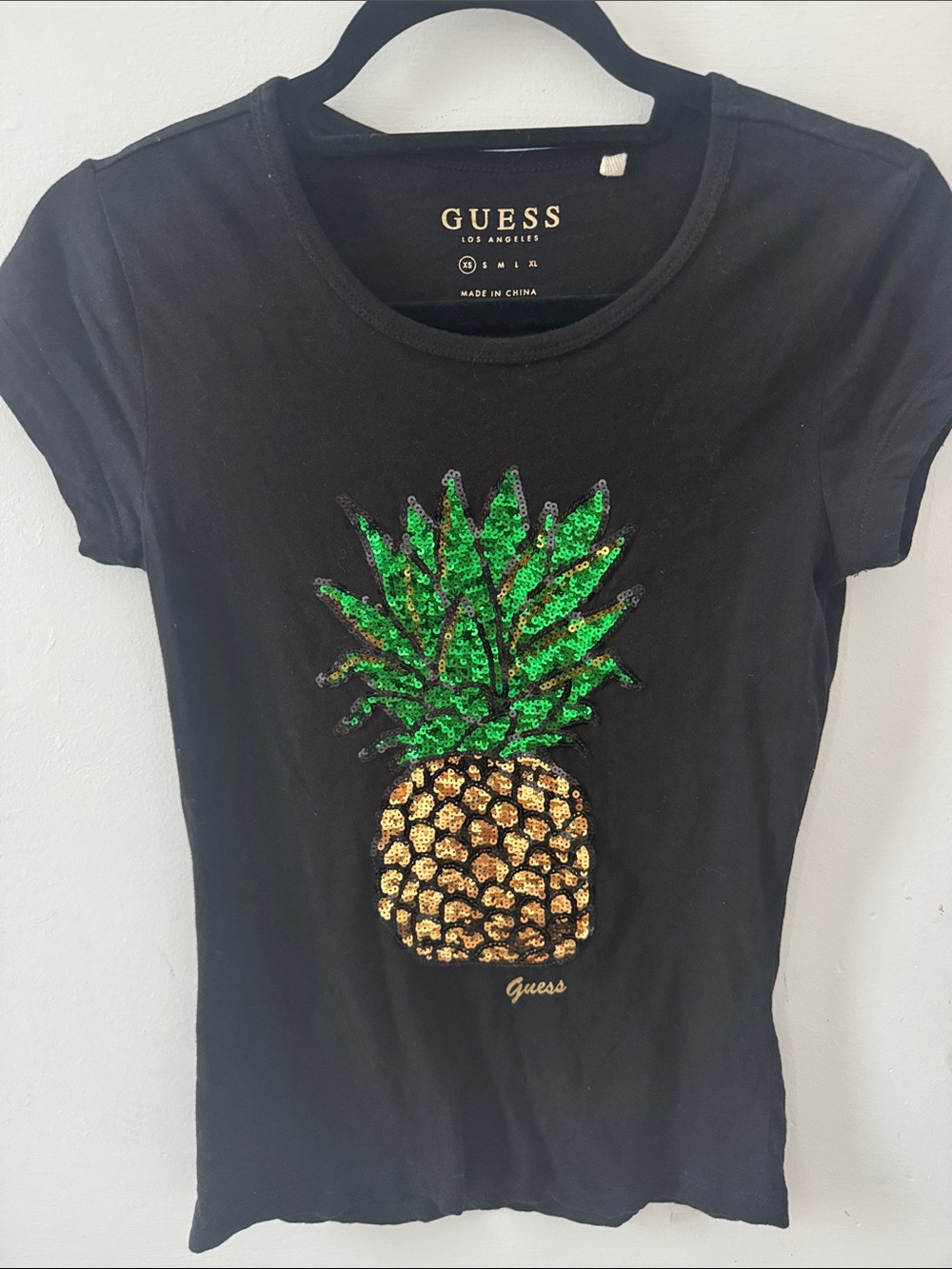 Guess Black Tee with Green and Gold Sequin Pineapple